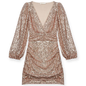 Maje Ripaillette Sequin Mini Dress Rose Gold Long Sleeve Size 2 Small fits 4 NWT